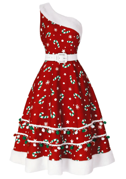 Red 1950s Candy Cane One-Shoulder Dress